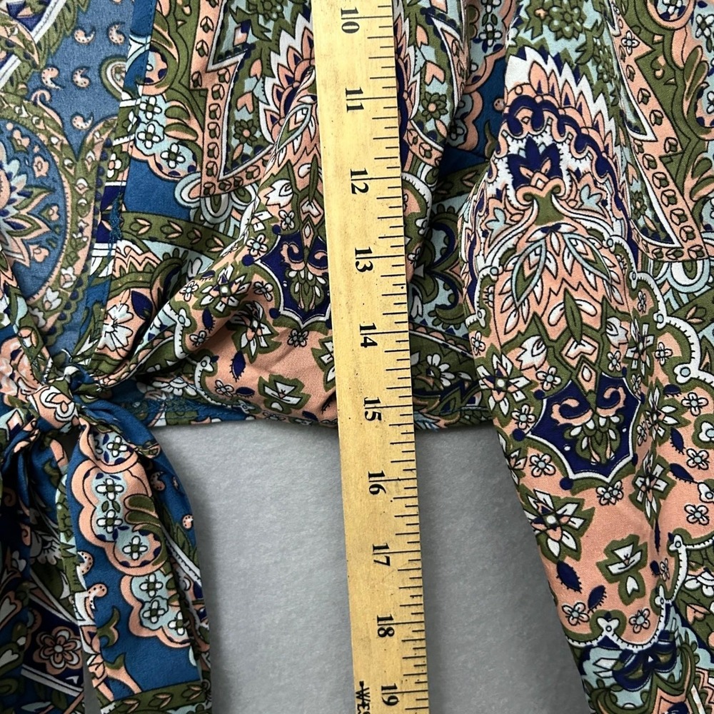 SHEIN Curve Paisley Tie Front Crop Top Womens 2XL Blue Green Boho Long Sleeve - Picture 12 of 16